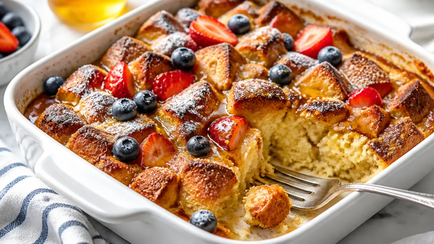 Golden baked french toast casserole in a white ceramic dish, topped with pecan streusel and a drizzle of maple syrup