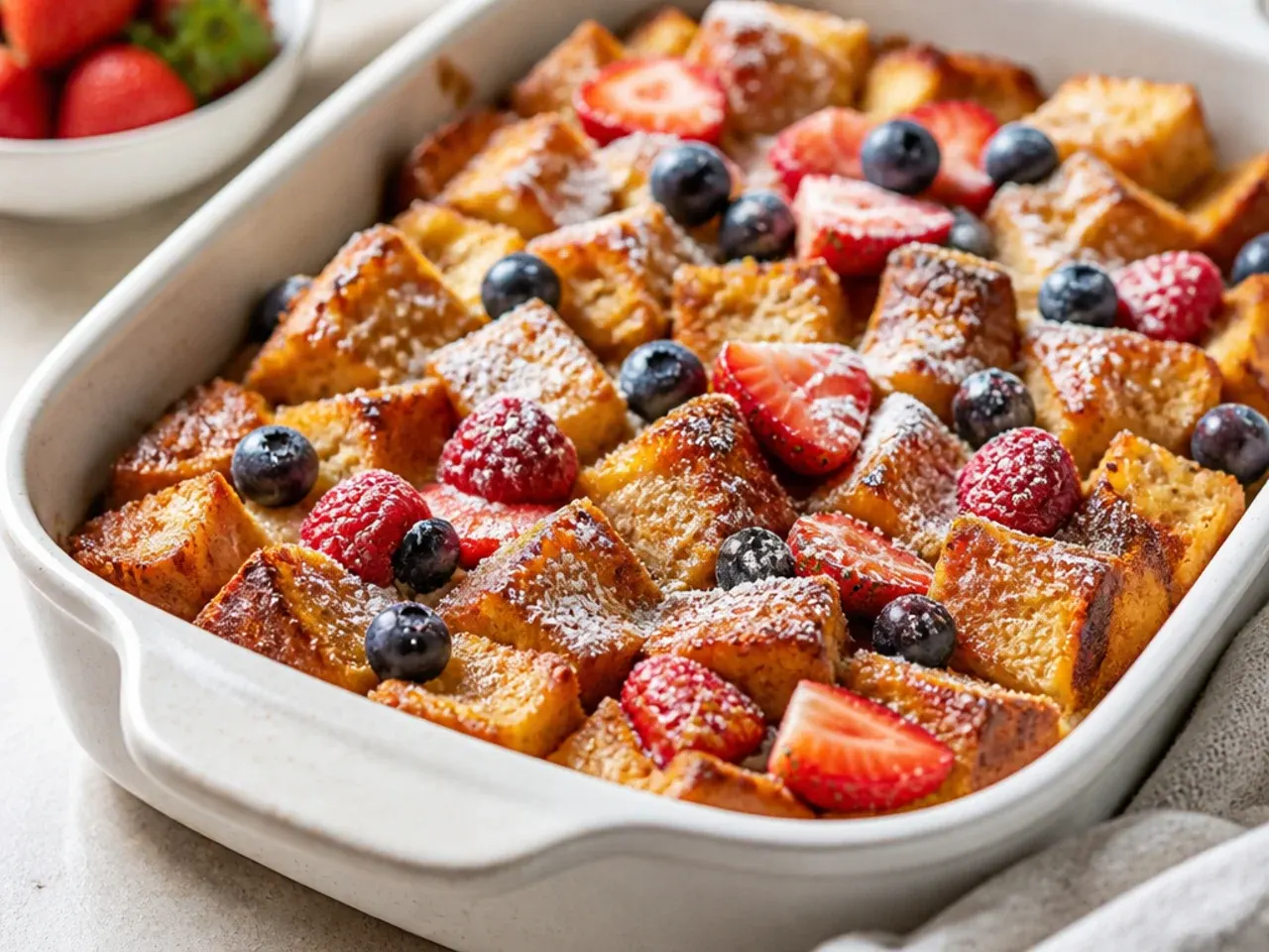 Overhead shot of a baked french toast casserole fresh from the oven with golden crust
