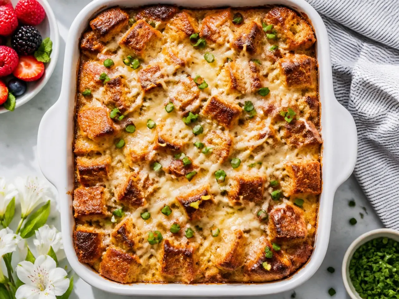 Classic cinnamon brioche baked french toast casserole in a baking dish