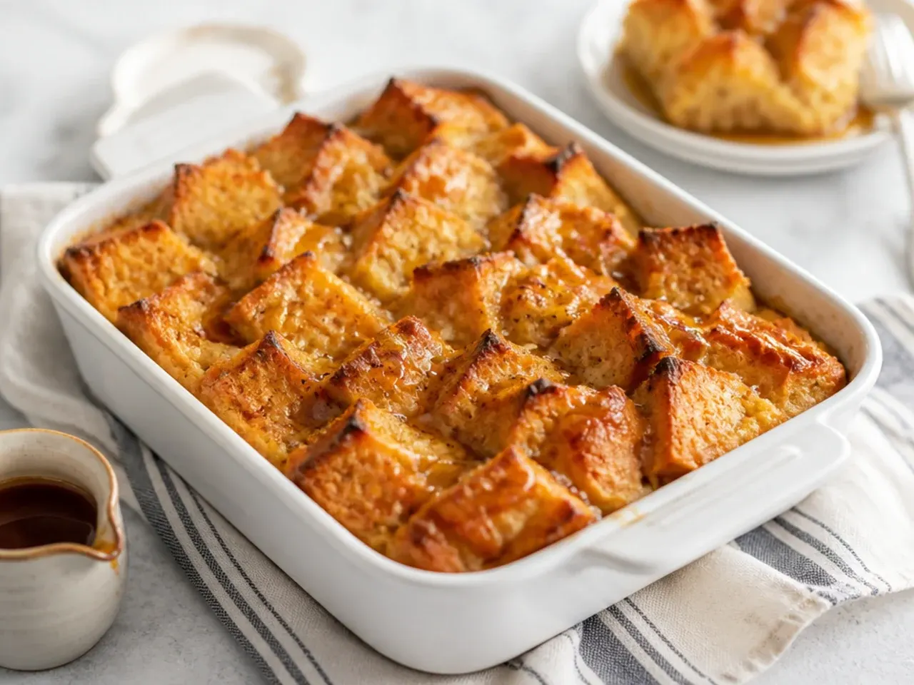 Simple five-ingredient baked french toast casserole cut into squares