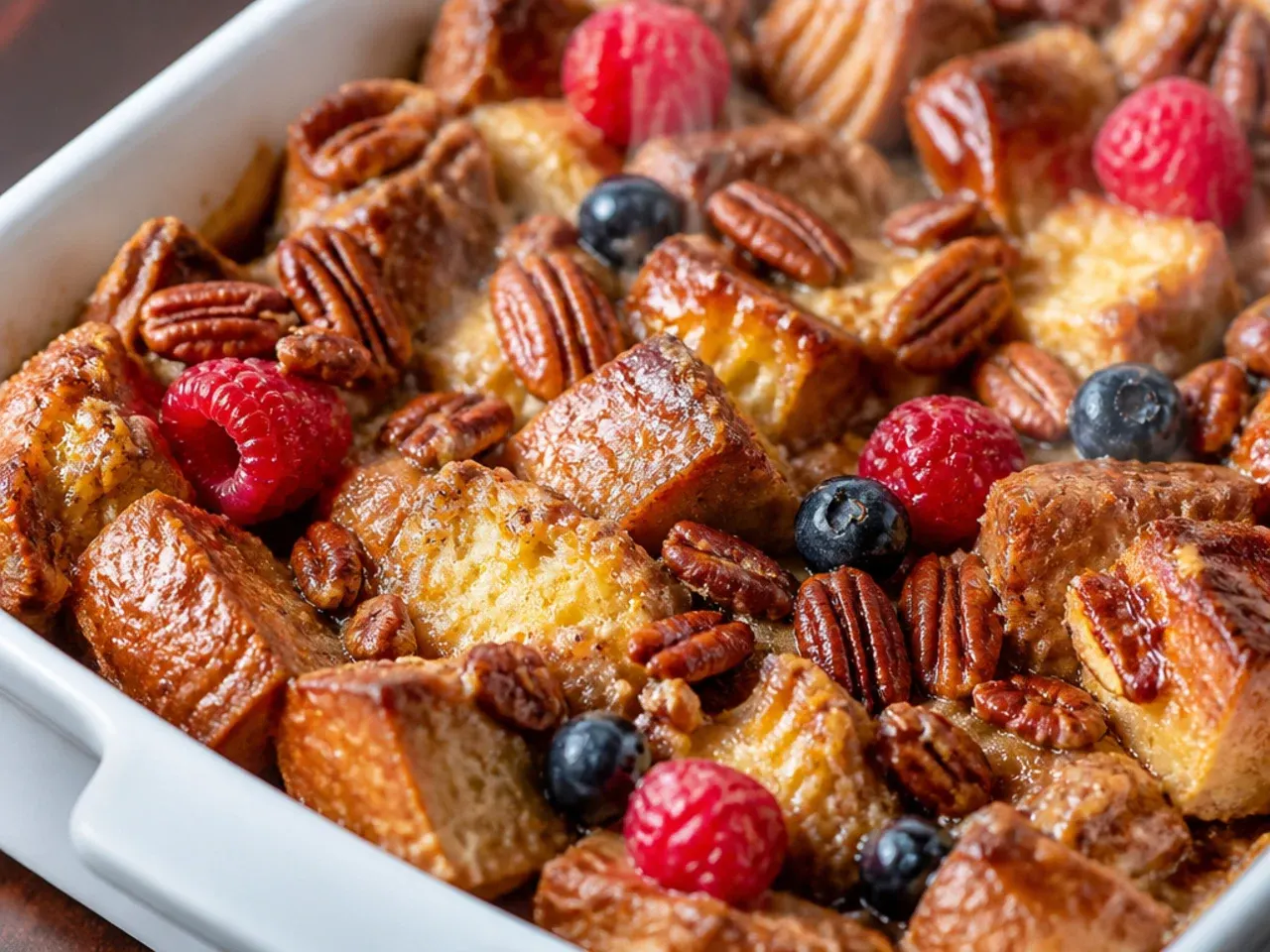 Maple pecan baked french toast casserole with syrup drizzled over the top