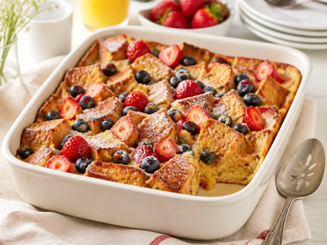 Overnight baked french toast casserole covered in cling film ready to chill