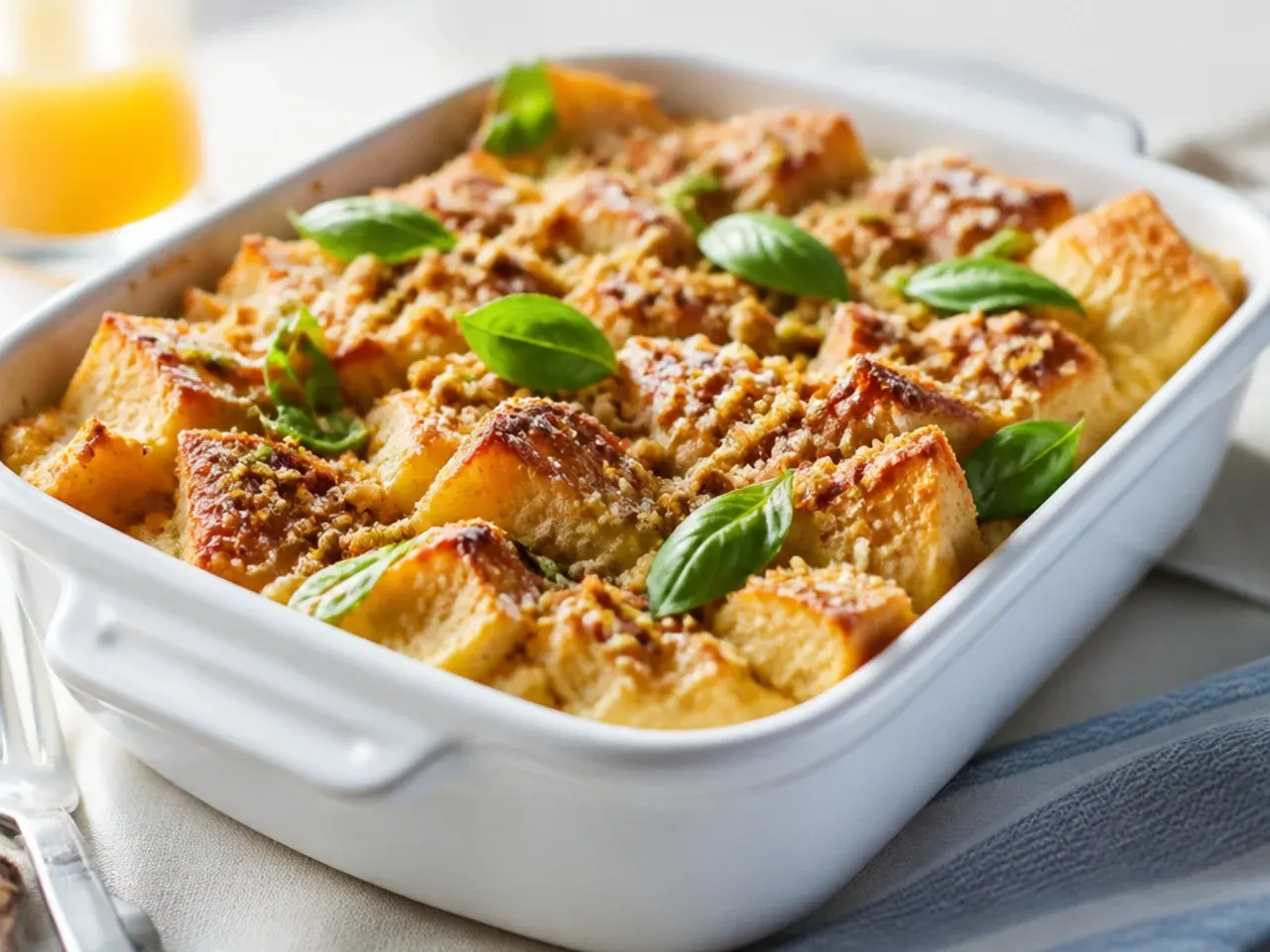 Creamy mascarpone baked french toast casserole with visible cream pockets