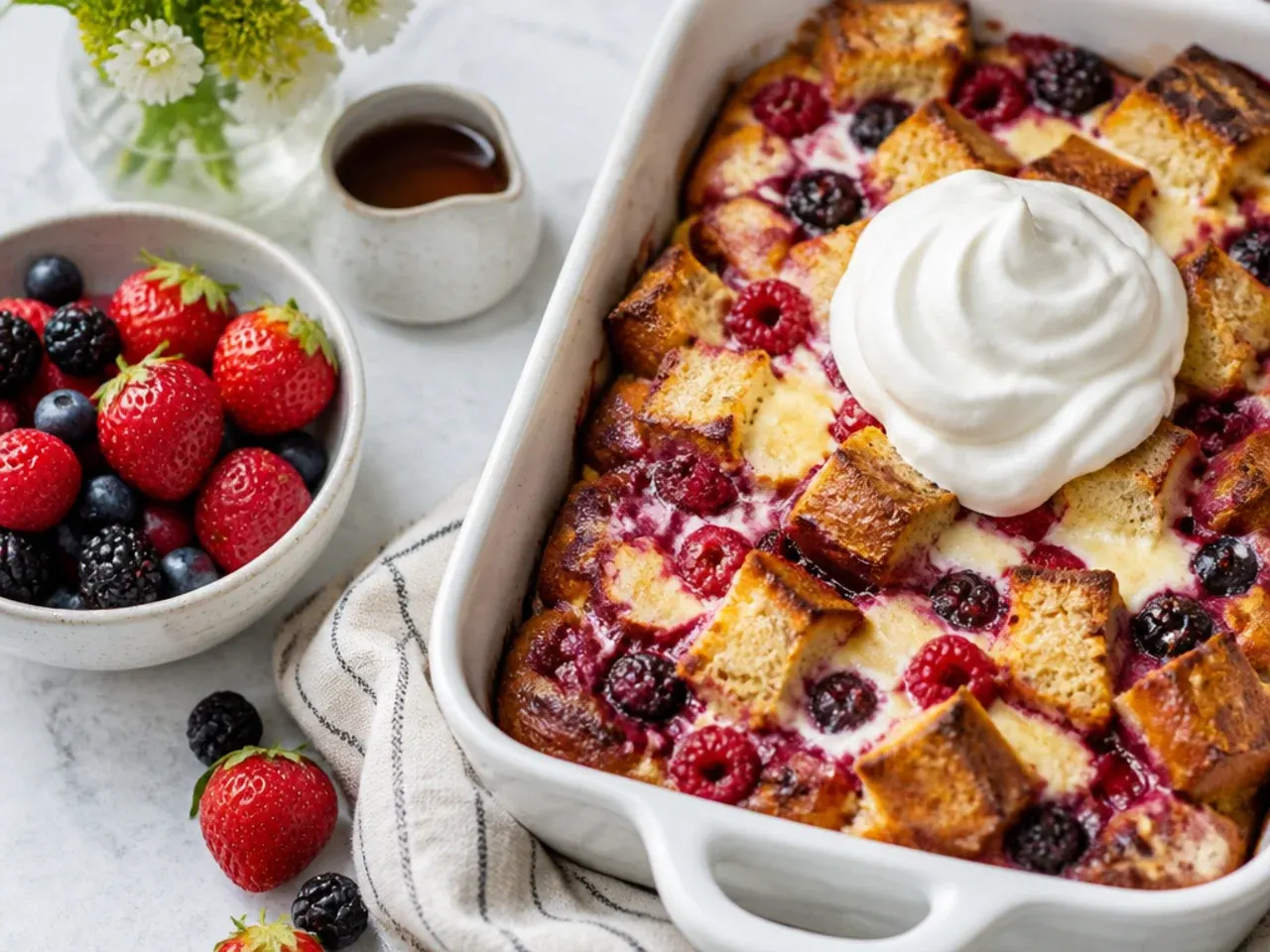 Loaded berry and cream cheese baked french toast casserole with visible fruit