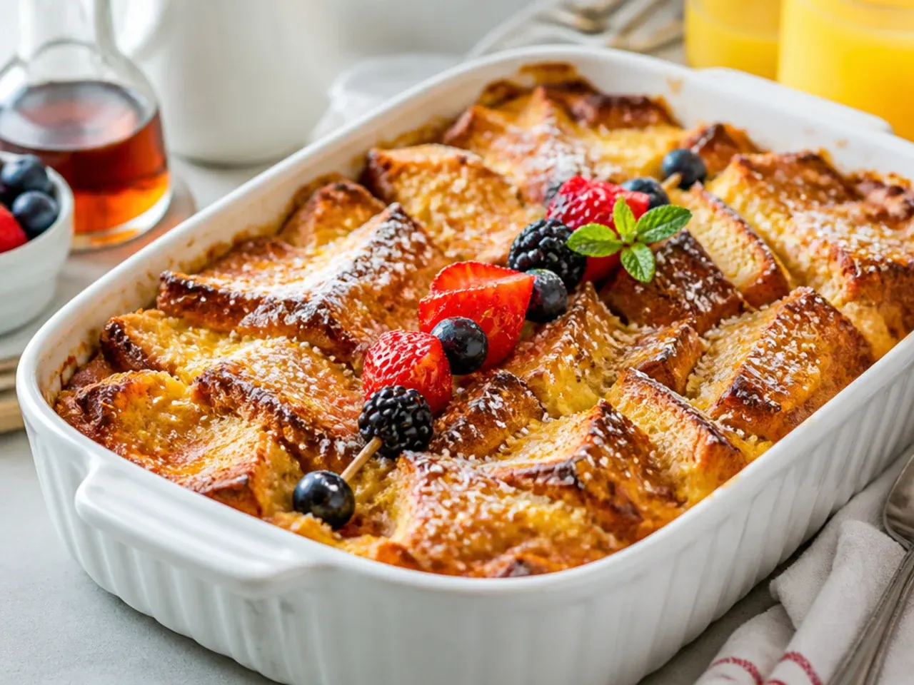 Bourbon vanilla baked french toast casserole with a caramelised golden top