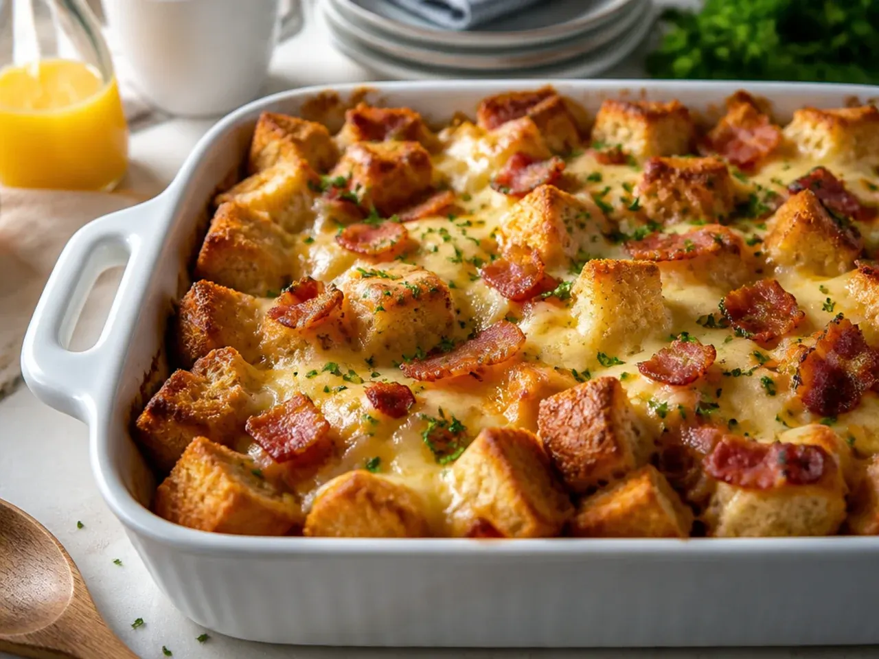 Cheesy bacon baked french toast casserole with melted cheddar on top