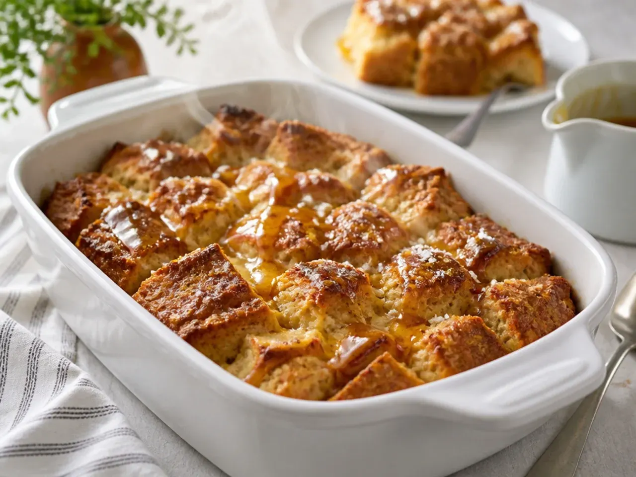 Large crowd-size baked french toast casserole in a roasting tin
