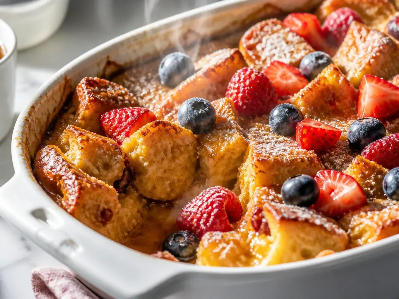 Make-ahead baked french toast casserole covered and labelled for the fridge
