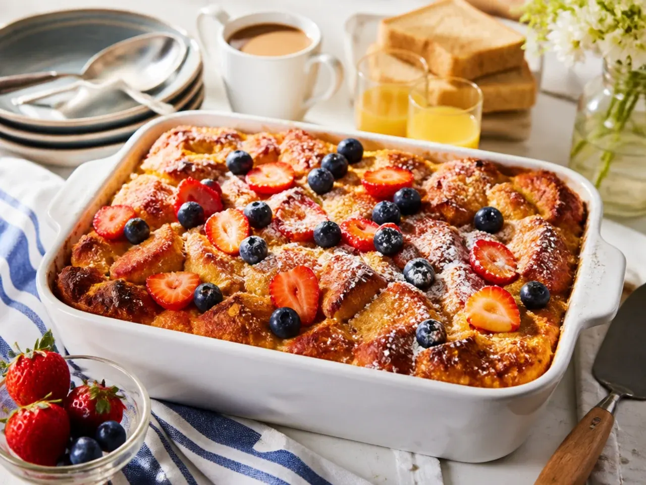 Family-style baked french toast casserole cut into small squares