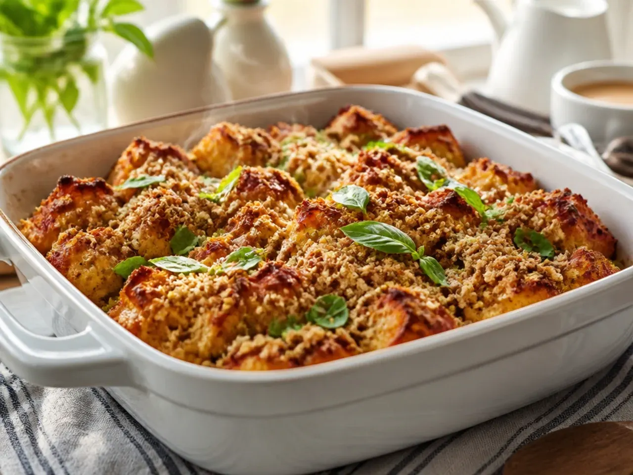 Festive gingerbread baked french toast casserole with a light icing drizzle