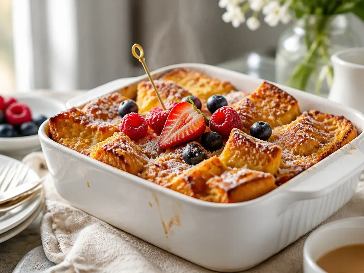 Homemade sourdough baked french toast casserole with a caramelised crust