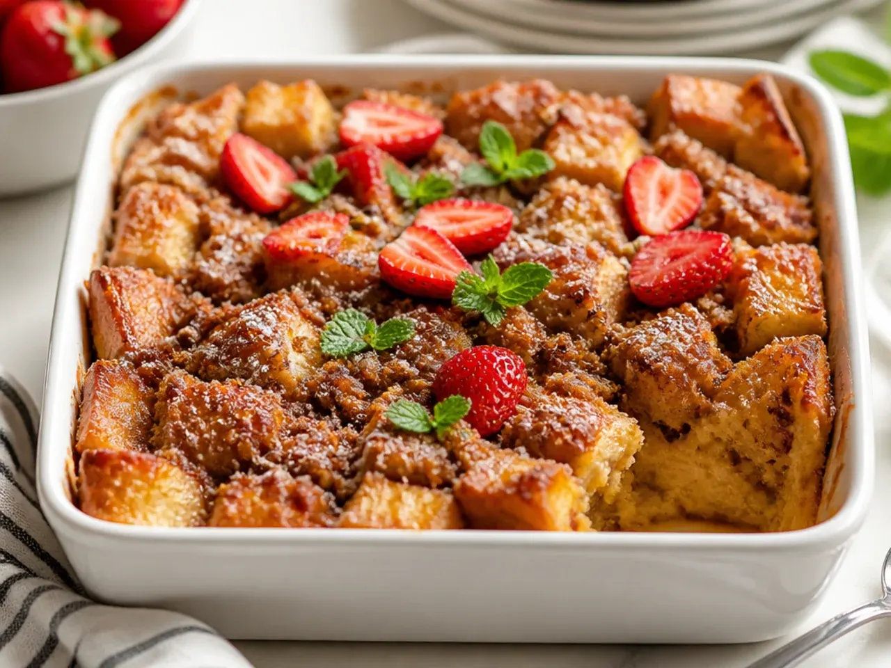 Baked french toast casserole with a thick crumbly streusel topping