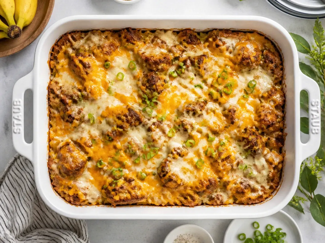 Banana bread baked french toast casserole with sliced banana on top
