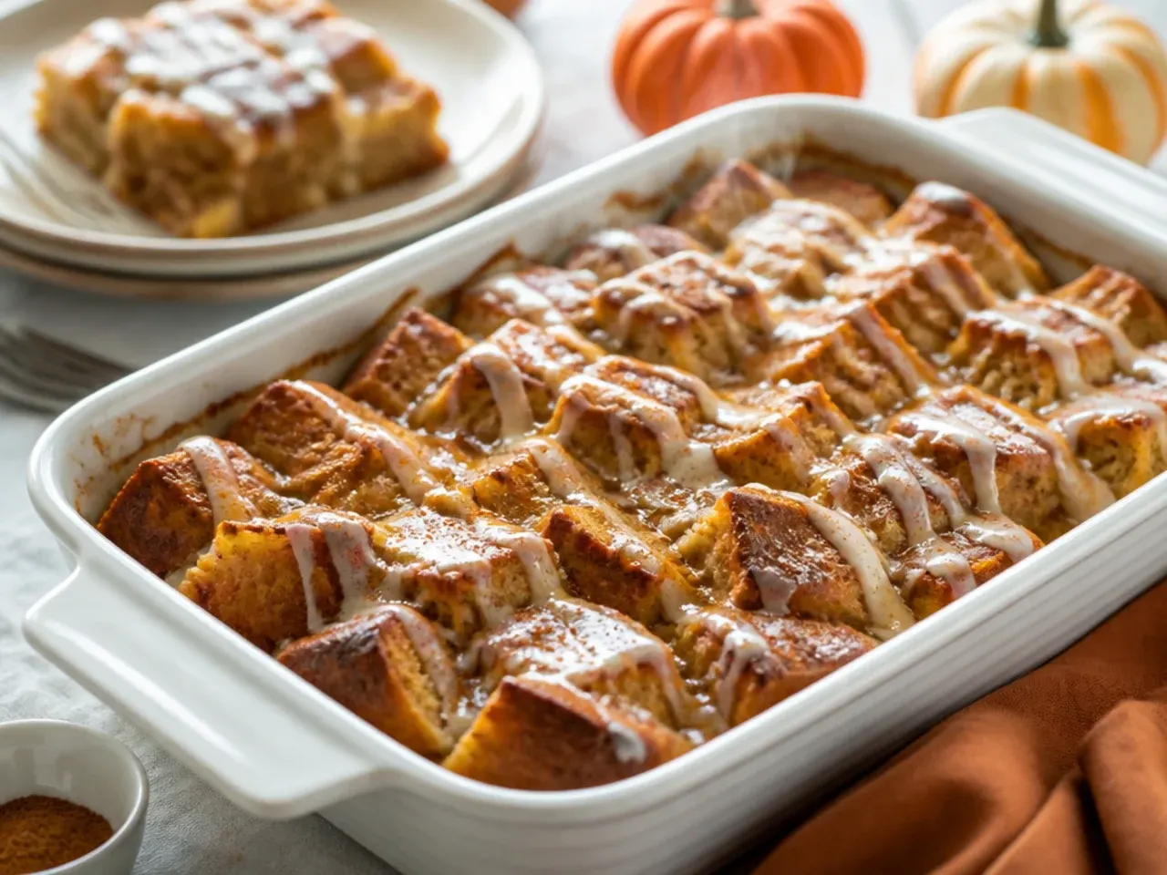 Pumpkin spice baked french toast casserole with autumnal spices