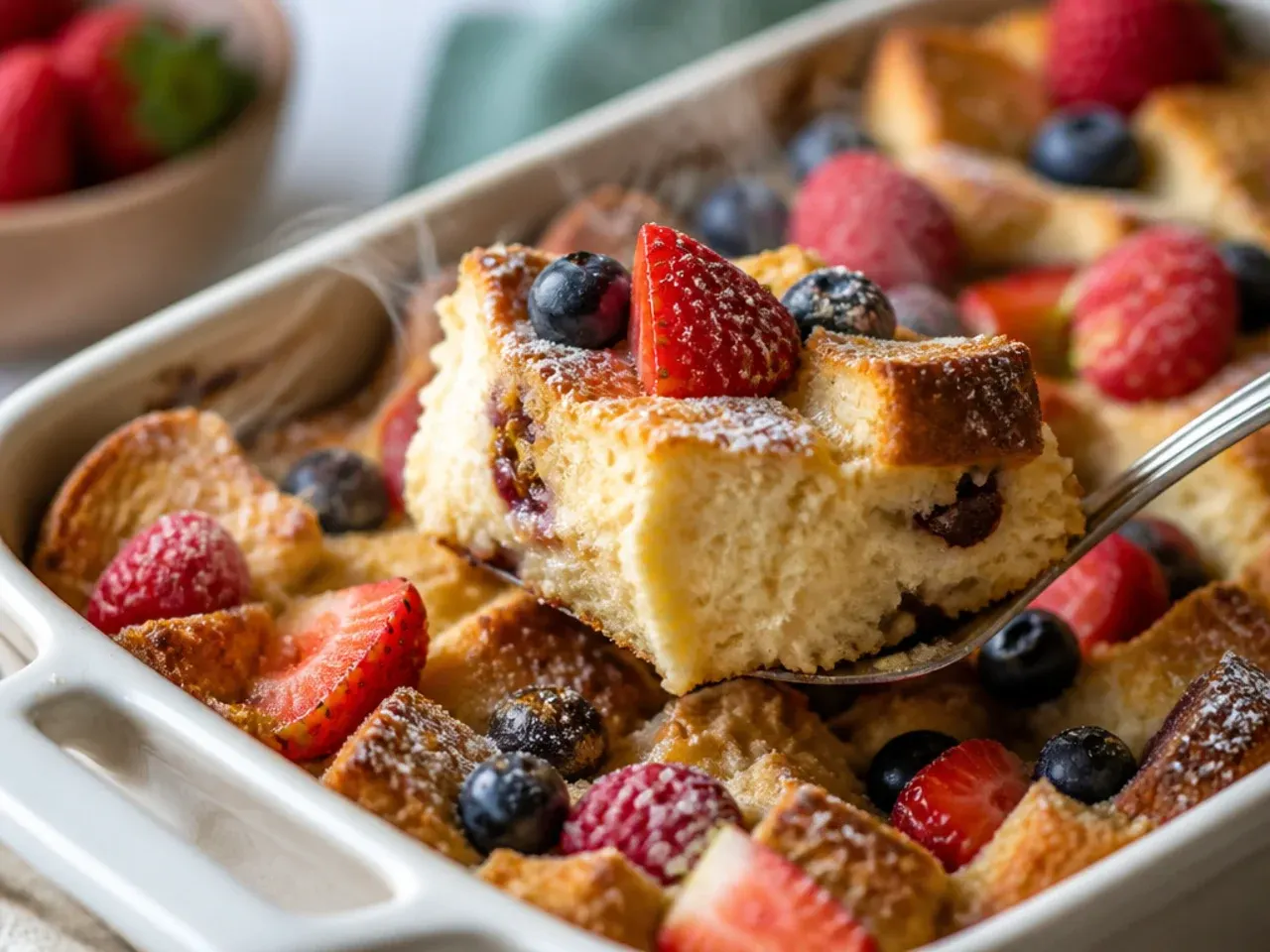 Dairy-free baked french toast casserole made with oat milk custard