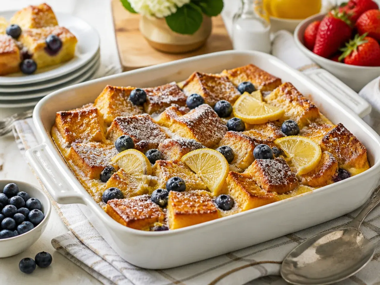 Lemon ricotta baked french toast casserole dusted with icing sugar