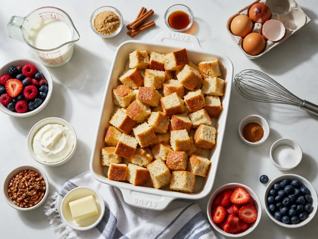 Close-up of a knife testing the set custard centre of a baked french toast casserole