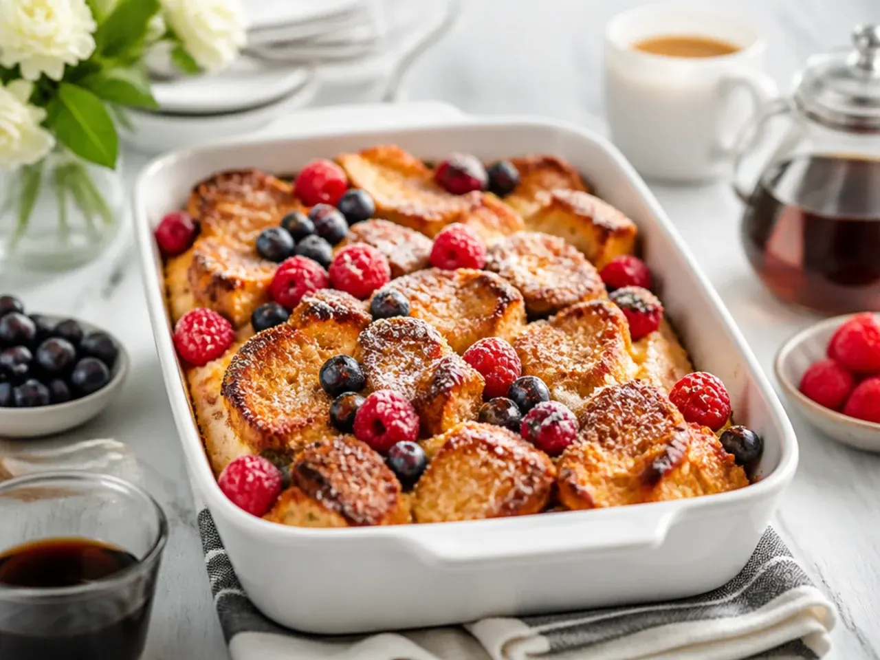 Baked french toast casserole served with bacon, berries and maple syrup