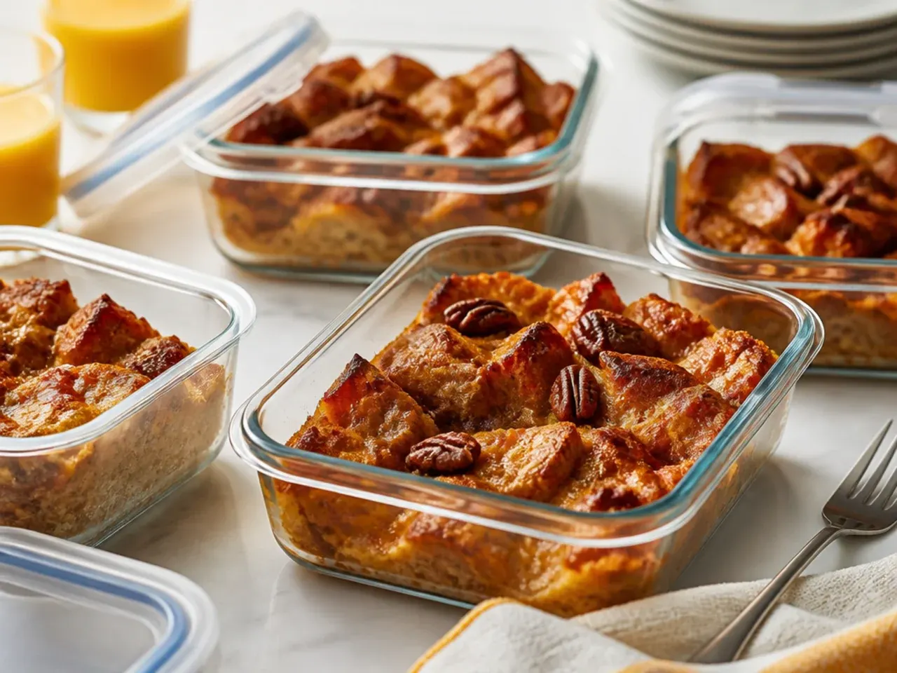 Leftover baked french toast casserole squares stored in a container