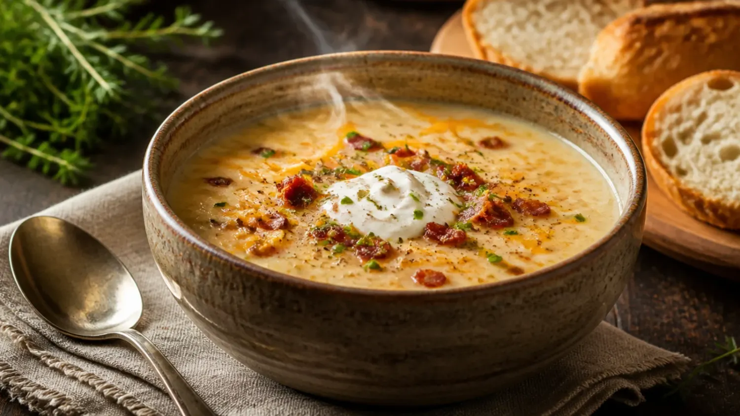 Overhead shot of creamy baked potato soup topped with crispy bacon, shredded cheddar, and sliced chives in a white bowl