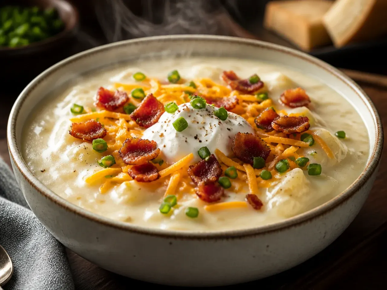 Steaming bowl of baked potato soup with melted cheddar and bacon bits on a rustic wooden table