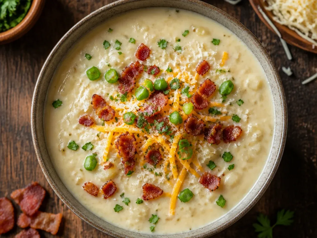 Classic loaded baked potato soup in a bowl with bacon, cheddar, and a swirl of soured cream