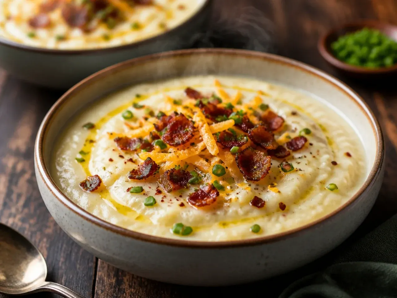 Quick easy baked potato soup with diced potatoes and melted cheese in a pot