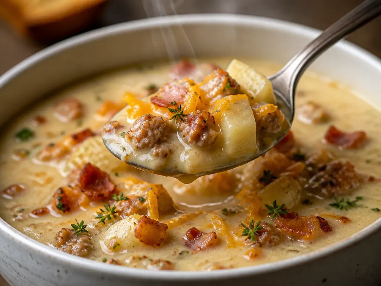 Hearty baked potato soup with sliced smoked sausage and fresh herbs in a rustic bowl