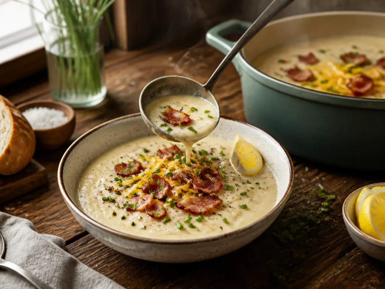 Cosy bacon and chive baked potato soup garnished generously with fresh chives