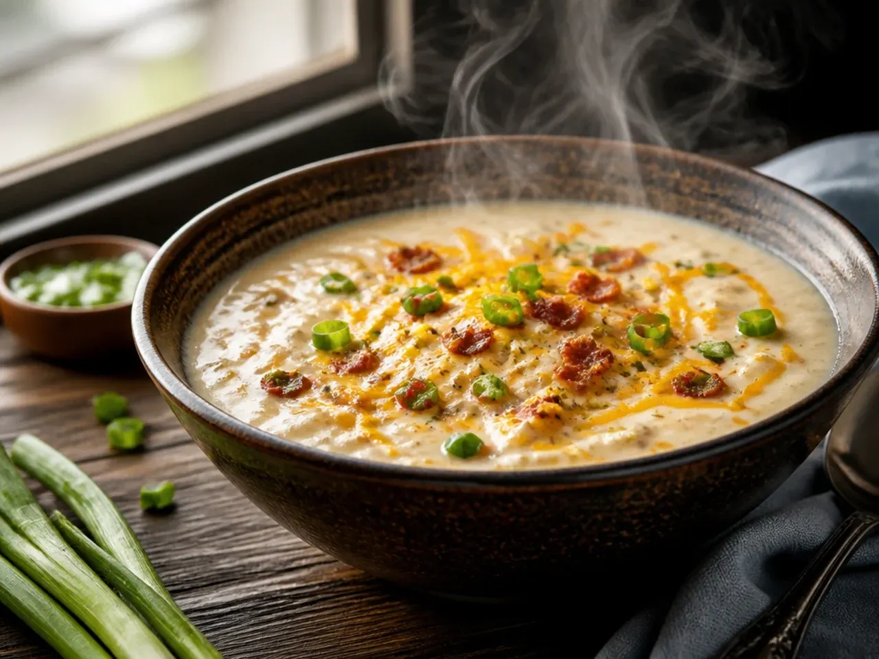 Ultra creamy baked potato soup with a rich, velvety texture and cream swirl on top