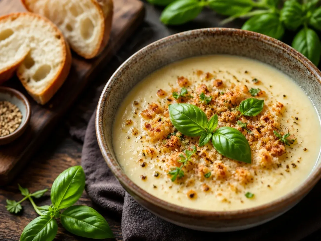 Simple five-ingredient baked potato soup in a plain white bowl