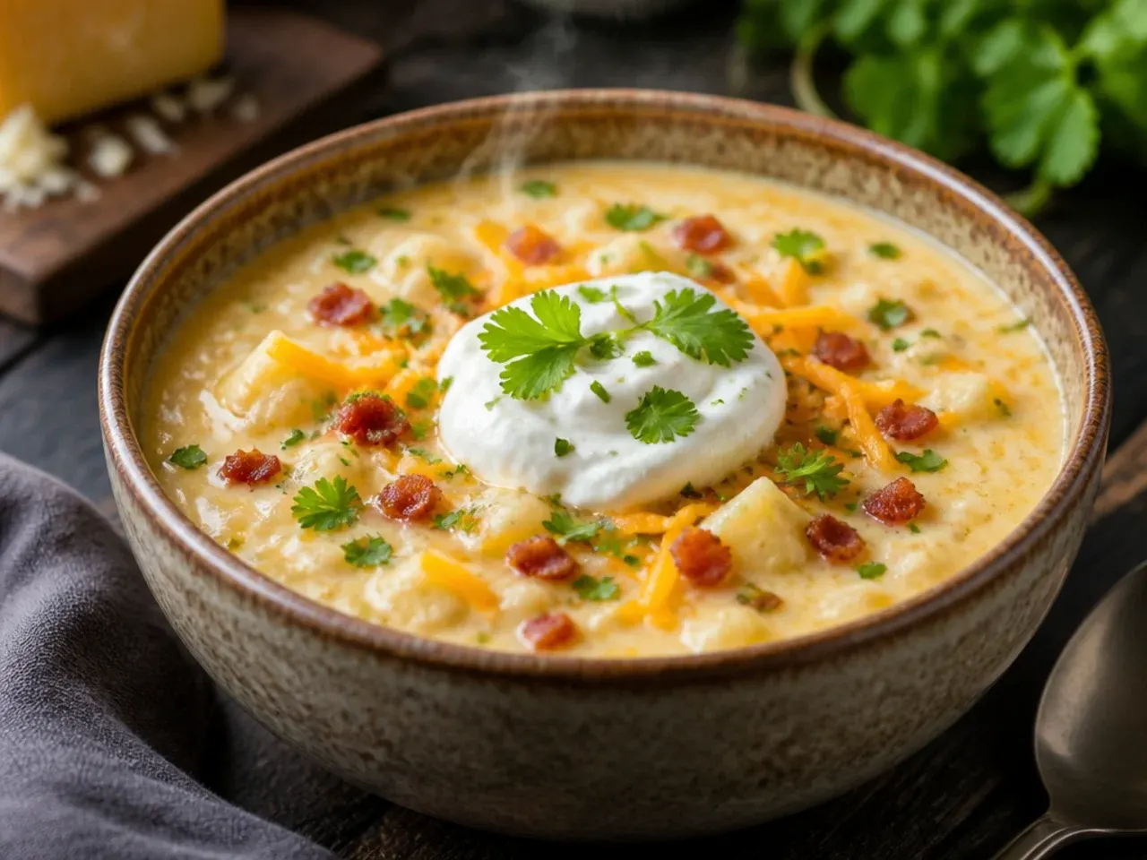 Triple-cheese baked potato soup with a golden bubbling cheese crust on top
