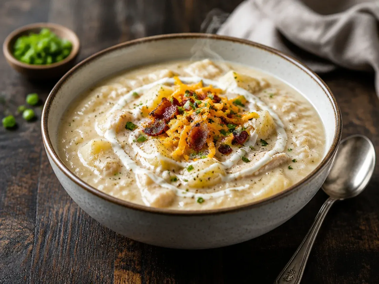 Comforting chicken and baked potato soup with shredded chicken and fresh parsley