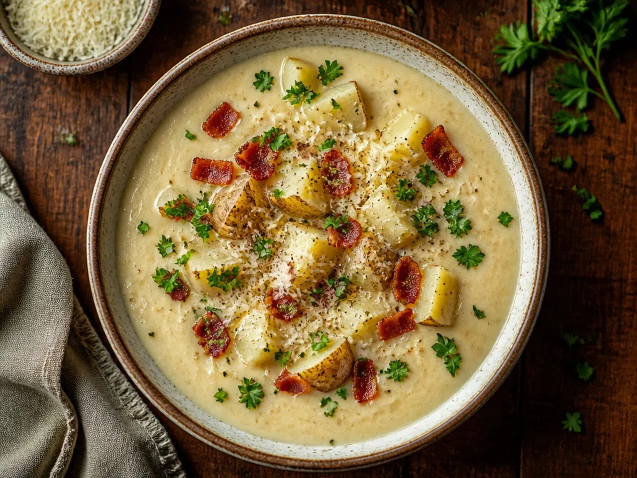 Budget-friendly baked potato soup made with simple pantry ingredients
