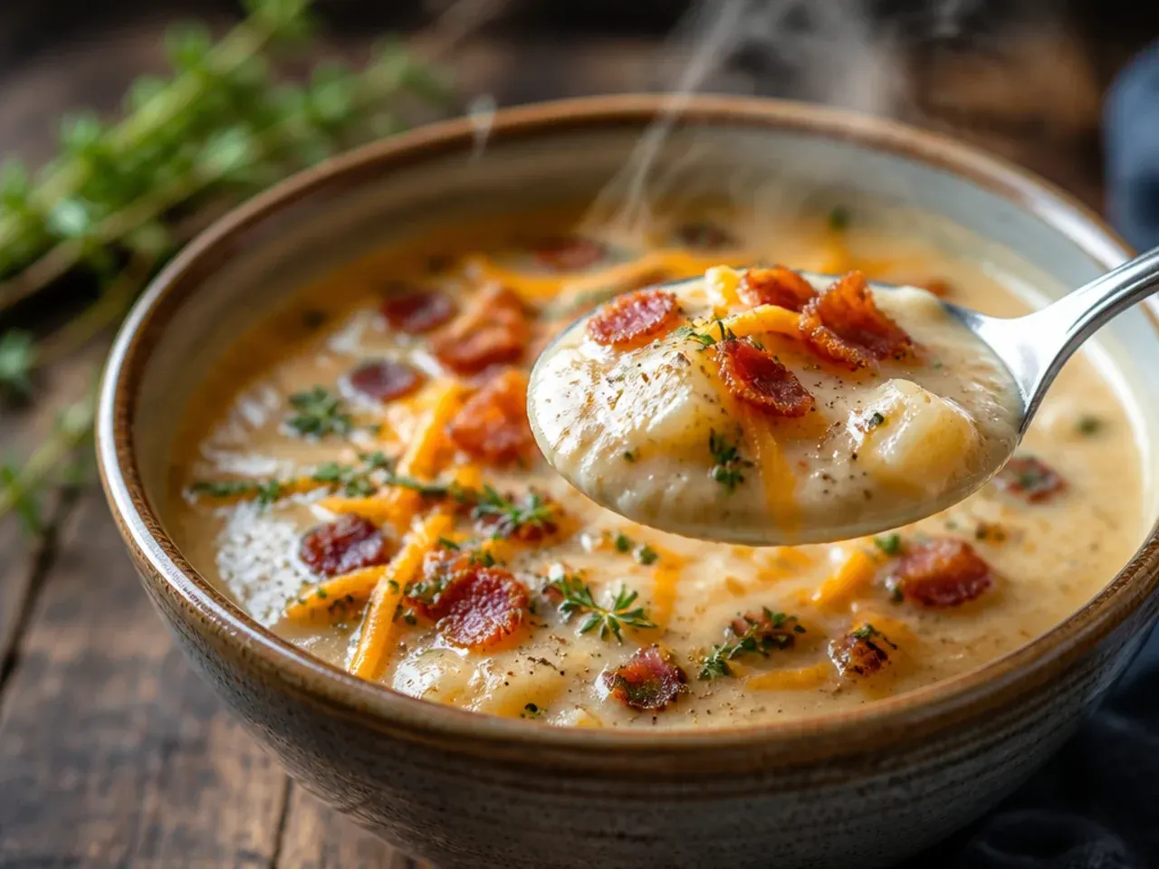Rustic skin-on baked potato soup with visible potato skins and a chunky texture