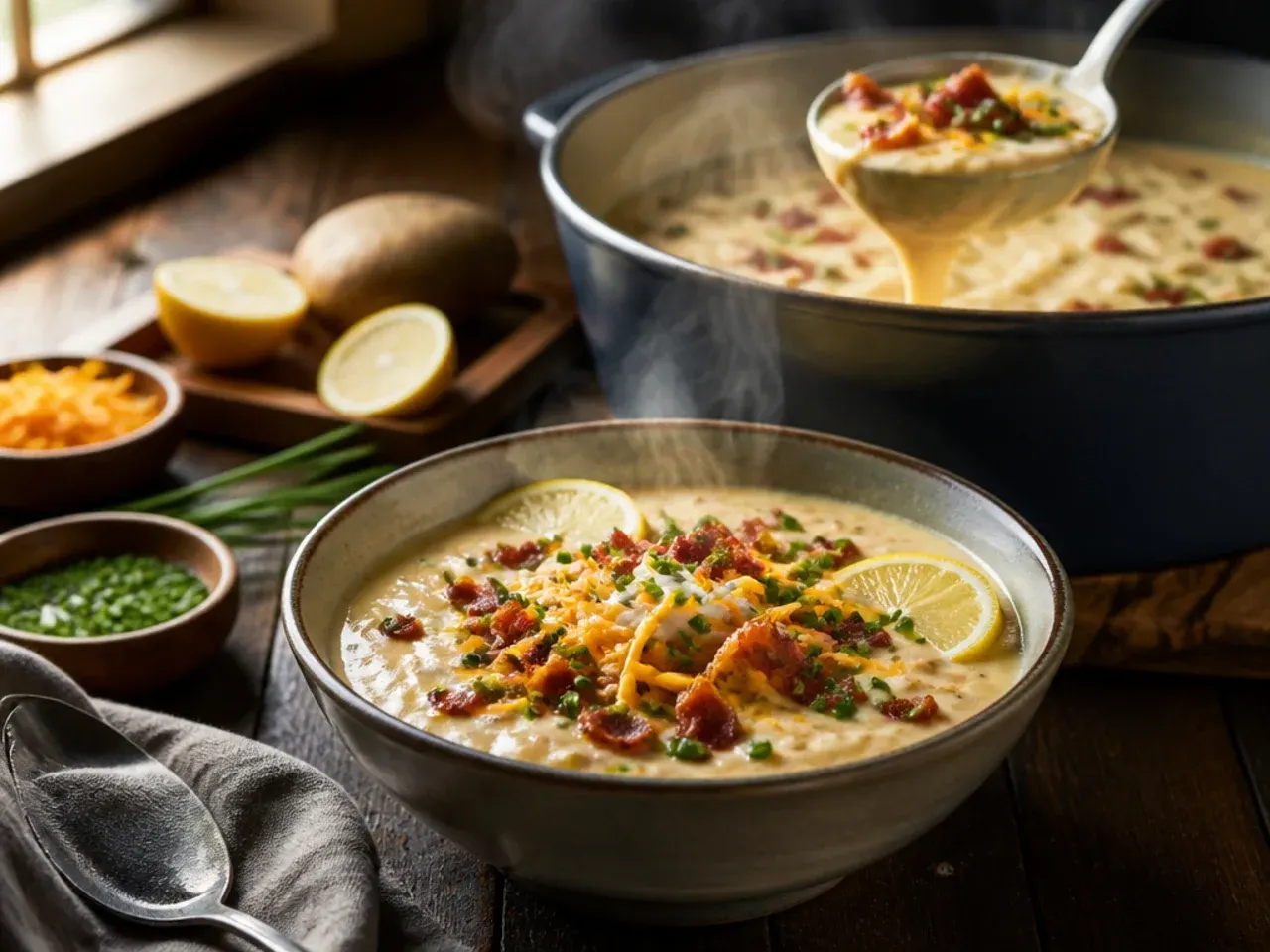 Fully loaded baked potato soup with bacon, cheddar, spring onions, and butter on top