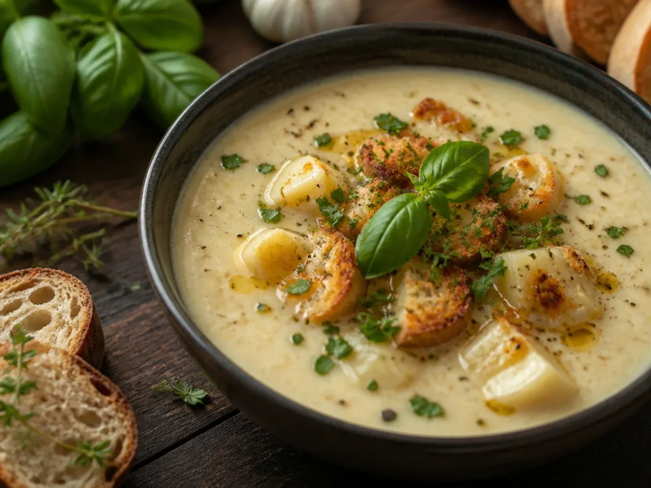 Best-ever roasted garlic baked potato soup with soft roasted garlic cloves