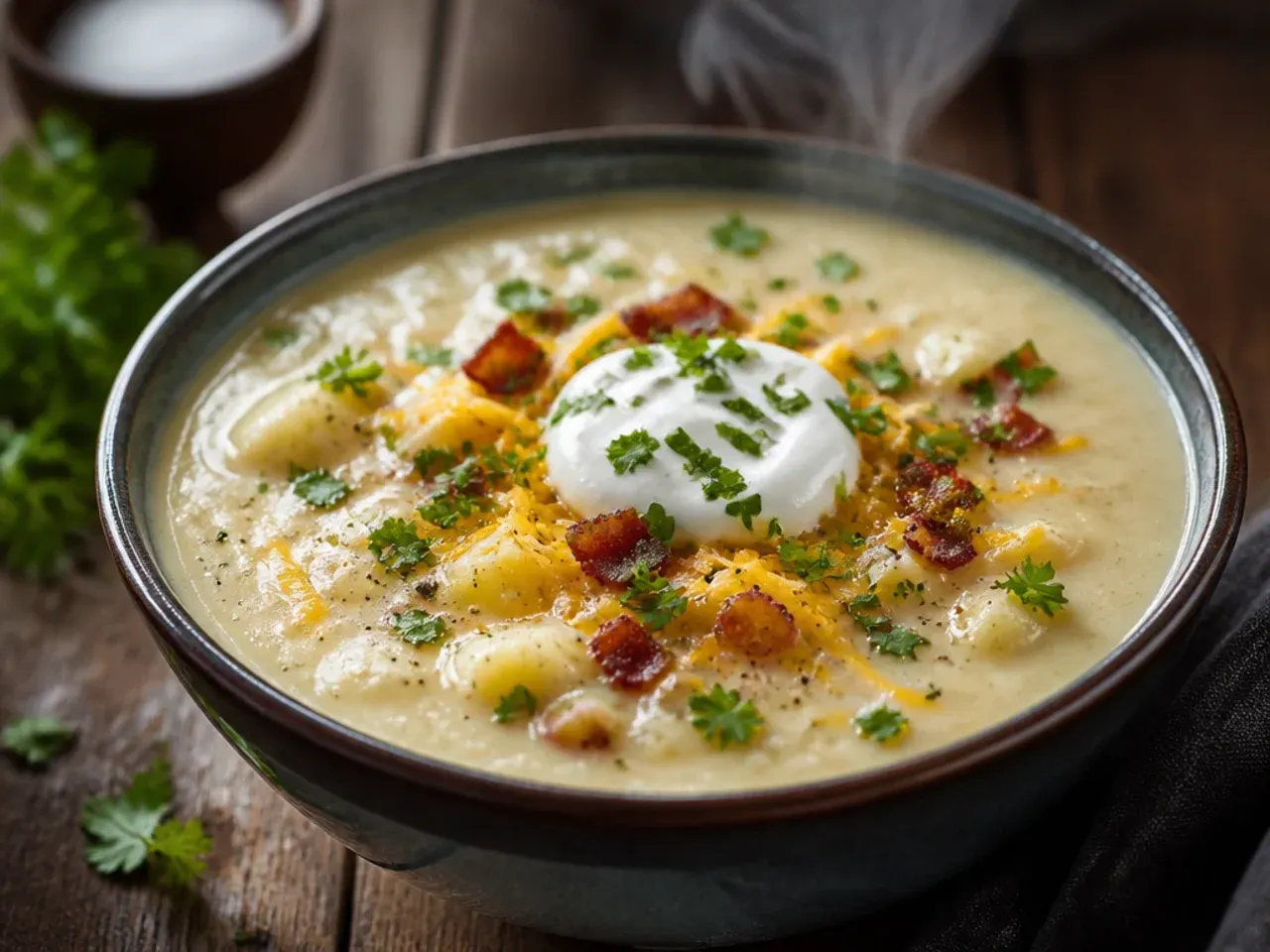 One-pot baked potato soup simmering in a Dutch oven on the stovetop