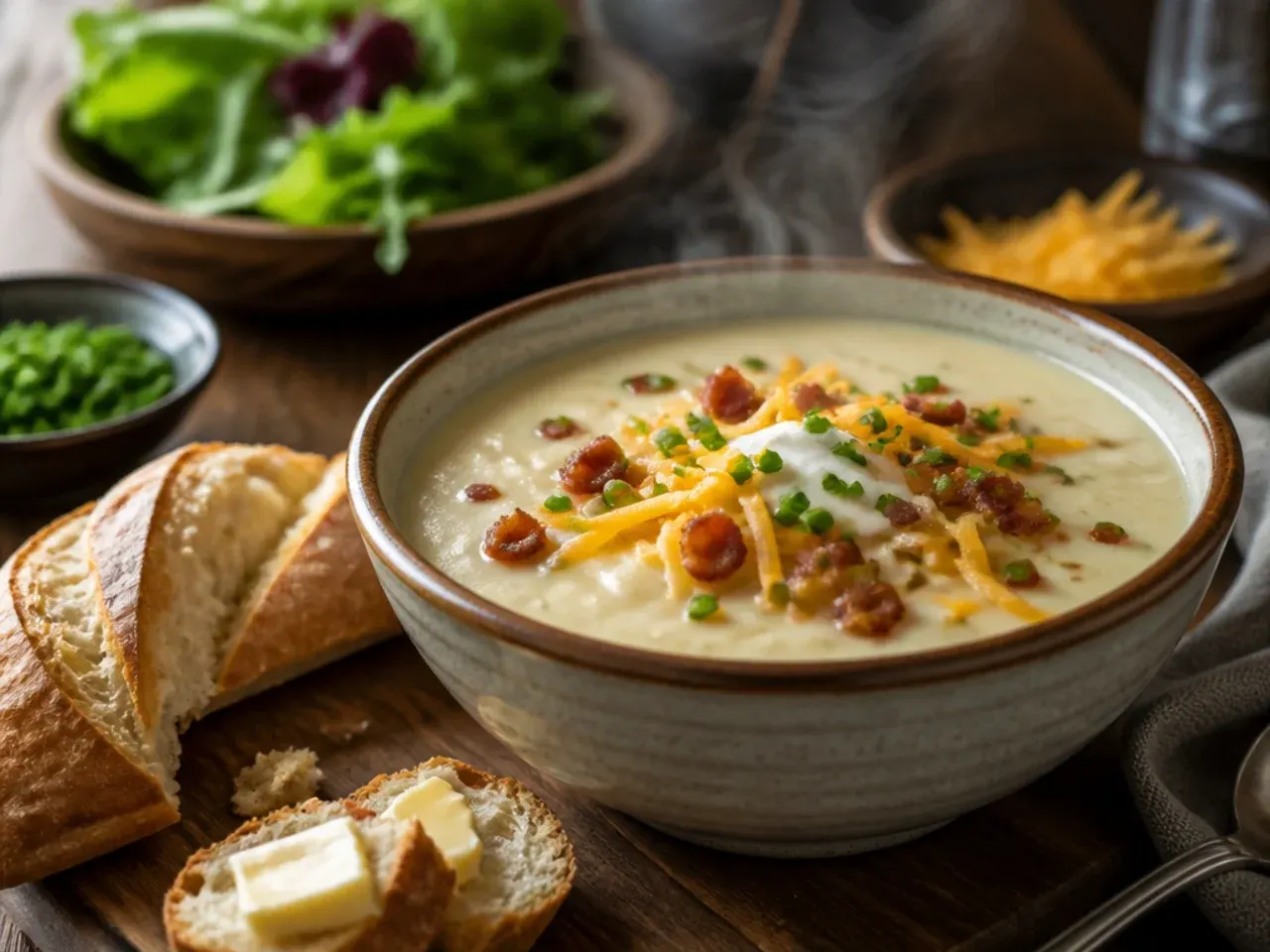 Baked potato soup served in bowls with crusty bread and a side salad on a dinner table