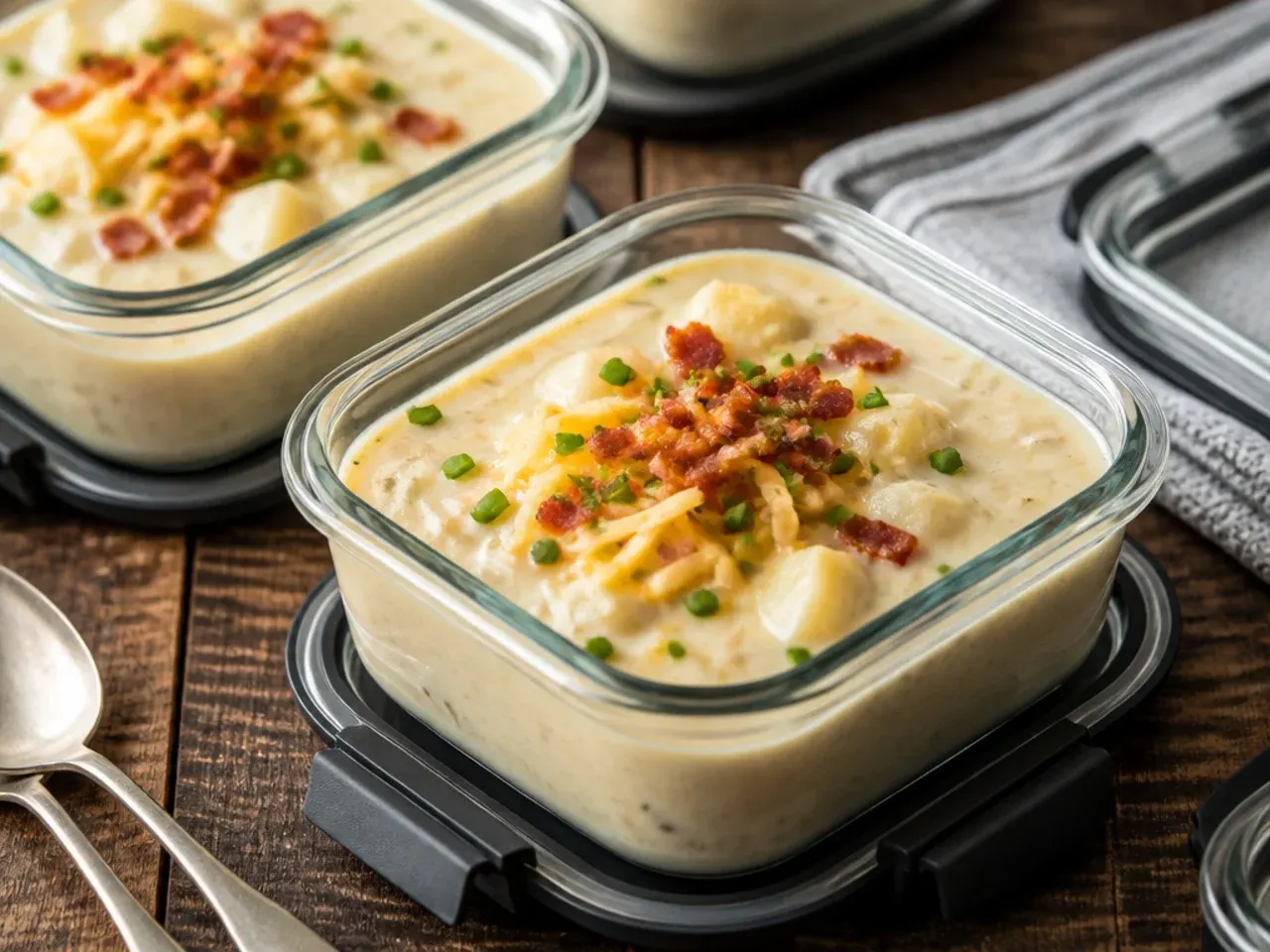 Baked potato soup stored in a glass container ready for the fridge