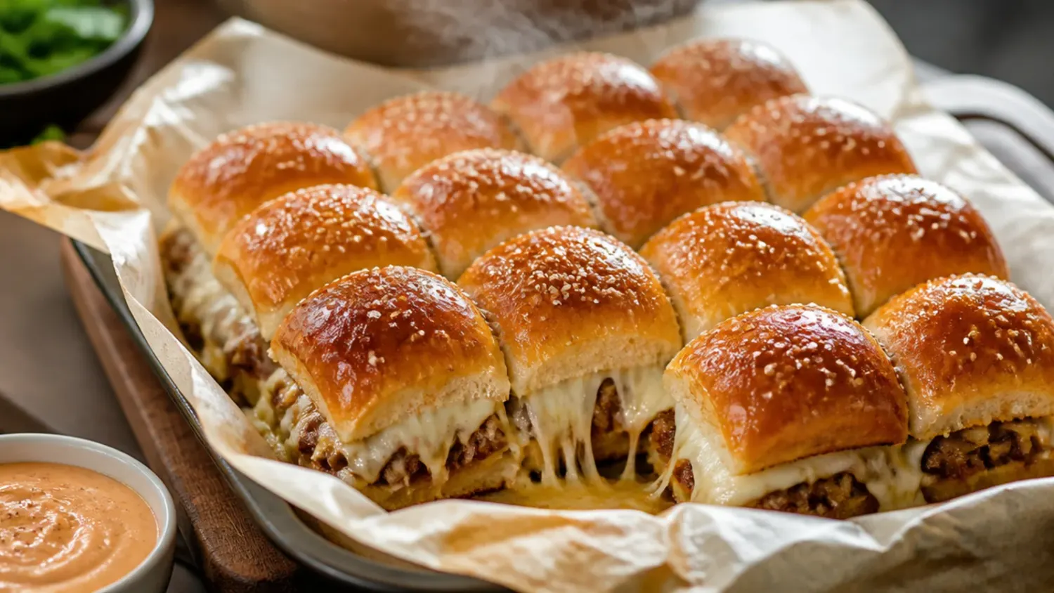 Overhead shot of golden baked ham and cheese sliders on Hawaiian rolls in a baking dish, brushed with a buttery poppy seed glaze