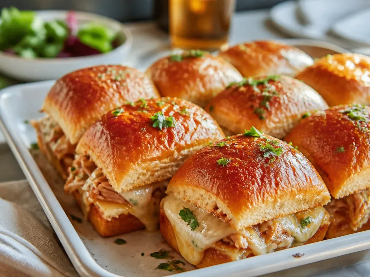 Tray of golden brown Hawaiian roll sliders fresh out of the oven with melted cheese visible at the edges