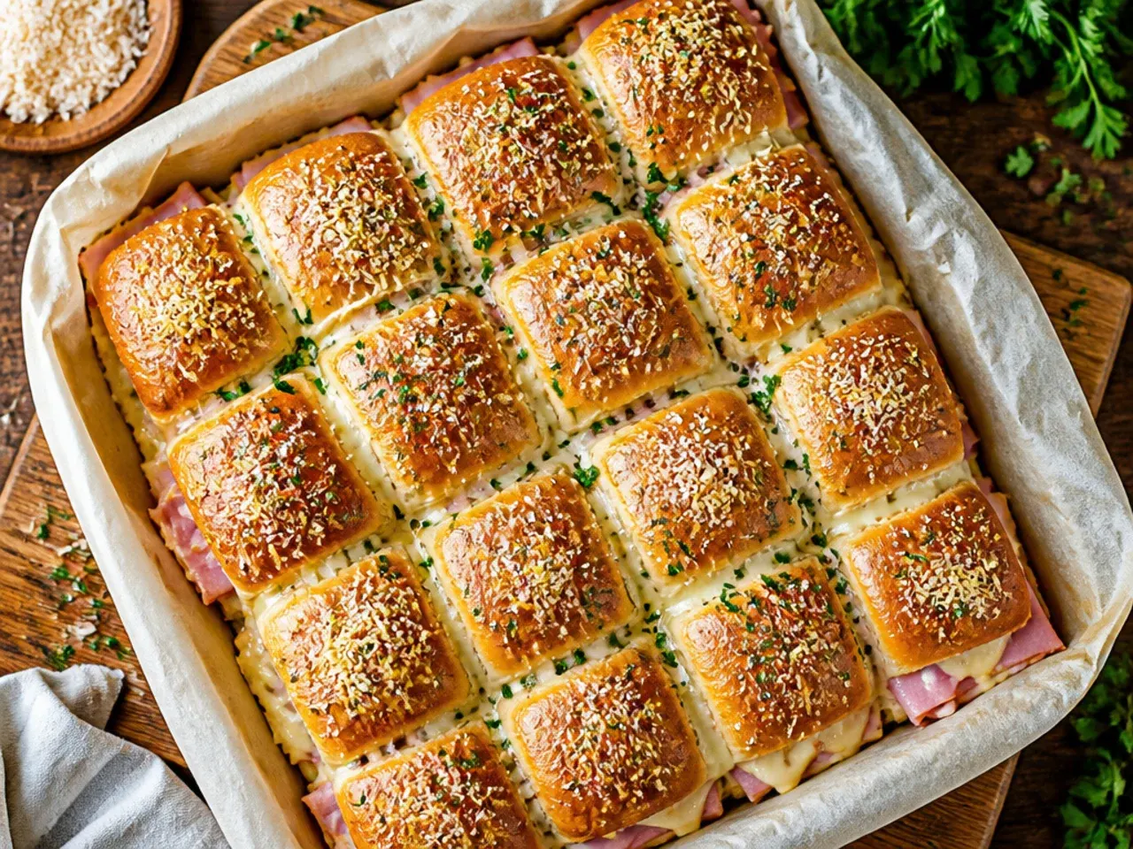 Close-up of classic baked ham and Swiss Hawaiian roll sliders sliced into individual portions