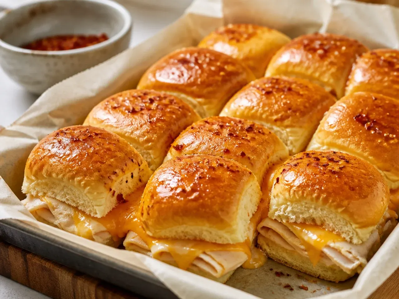 Turkey and cheddar Hawaiian roll sliders in a baking dish with melted cheese