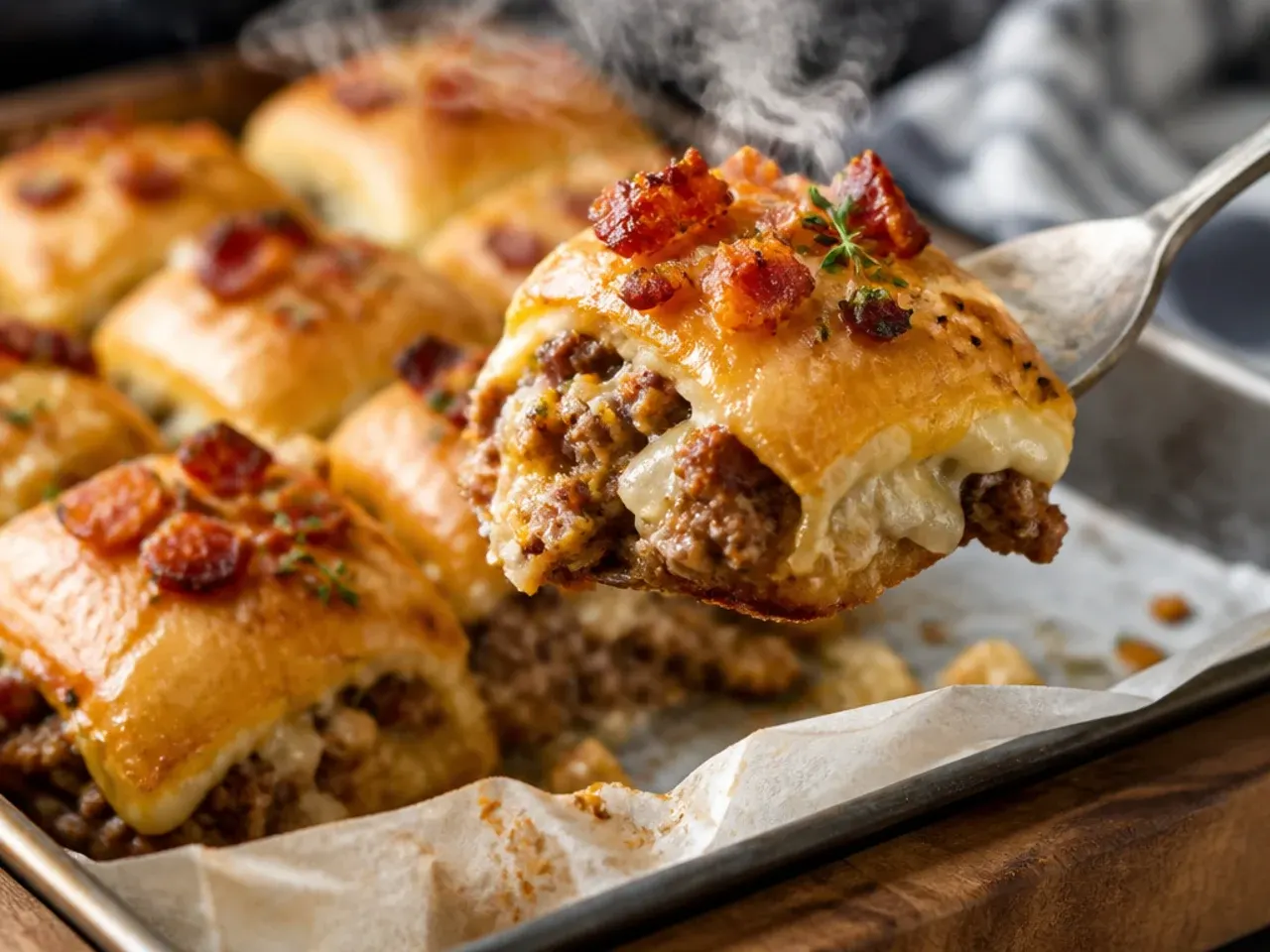 Baked cheeseburger sliders on Hawaiian rolls with melted American cheese and sesame-topped buns