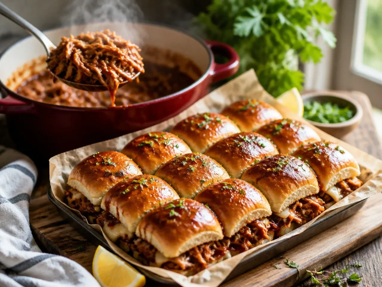 BBQ pulled pork sliders on Hawaiian rolls topped with melted Monterey Jack cheese