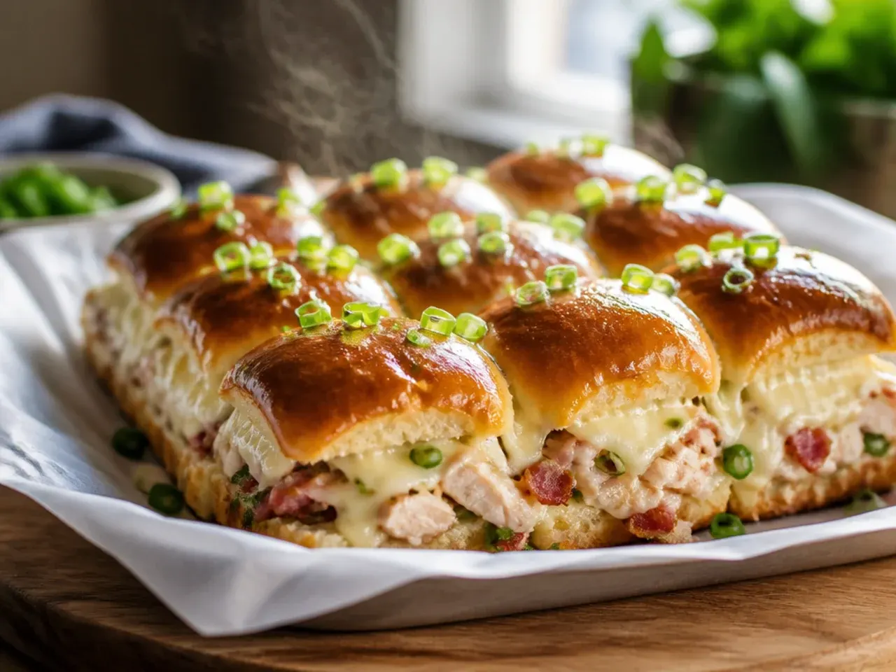 Creamy chicken bacon ranch sliders on Hawaiian rolls drizzled with ranch dressing