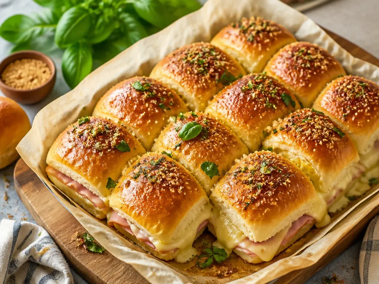 Simple ham and provolone Hawaiian roll sliders brushed with herbed butter