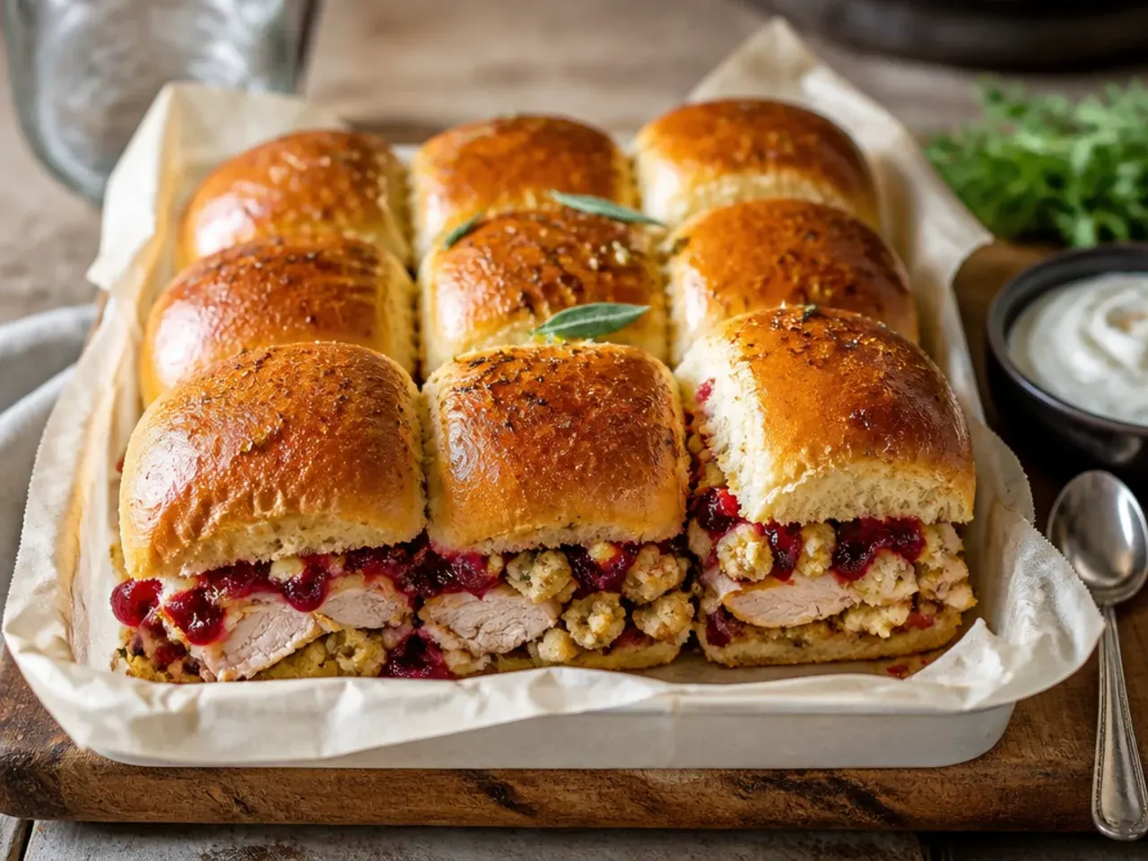 Leftover turkey, stuffing and cranberry sliders on Hawaiian rolls in a baking dish