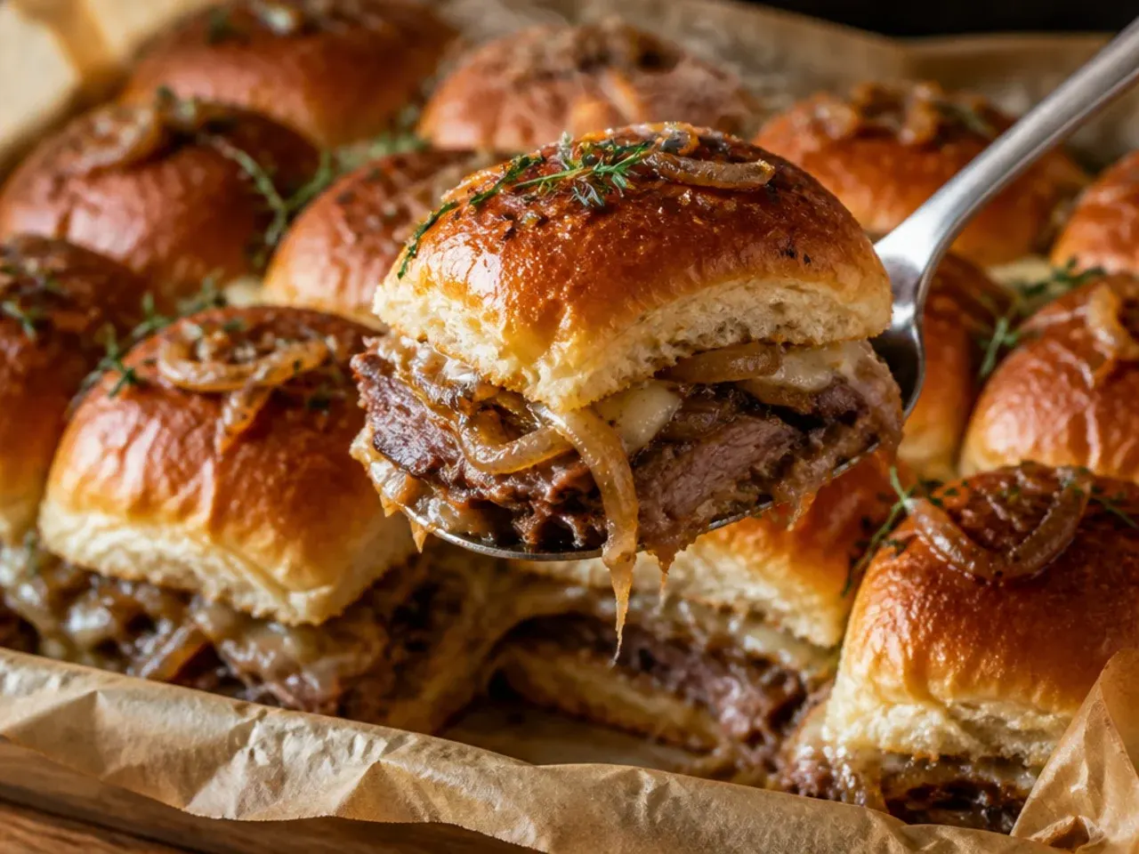 Rustic roast beef and caramelised onion sliders on Hawaiian rolls with melted Gruyère